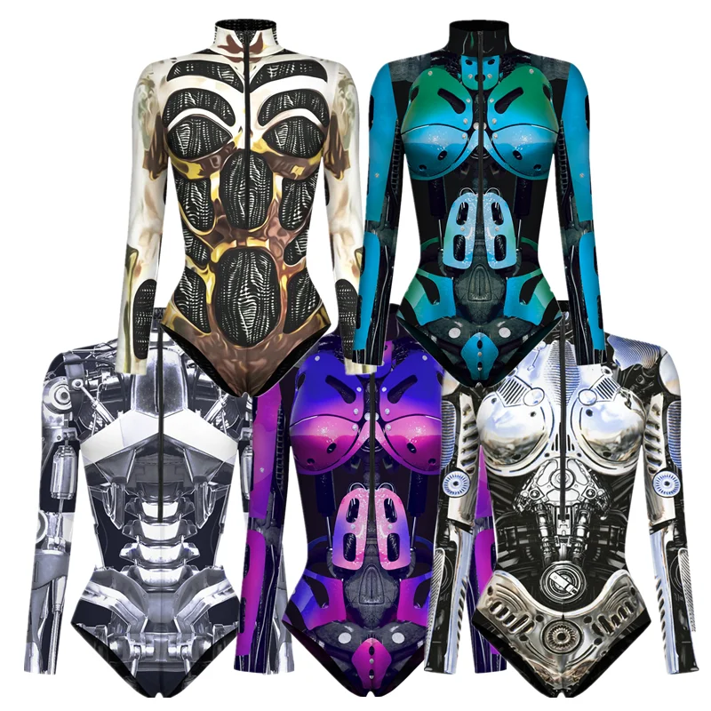 Cyberpunk Robot Armor Zentai 3D Digital Print Jumpsuit Briefs Cosplay Costume Women\'s Zipper Bodysuit Party Halloween