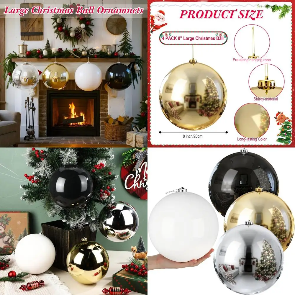 

4 Pack Large 8 Christmas Decoration Balls - Black, White, Gold, Silver for Indoor & Outdoor Holiday Use