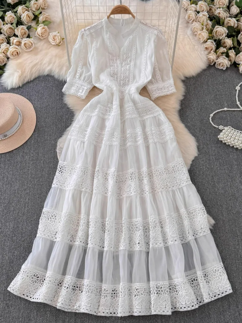 French Elegant Lace Embroidery Prom Midi Dress Women\'s V Neck Puff Sleeve High Waist Hollow Out Long Summer Sundress Clothing