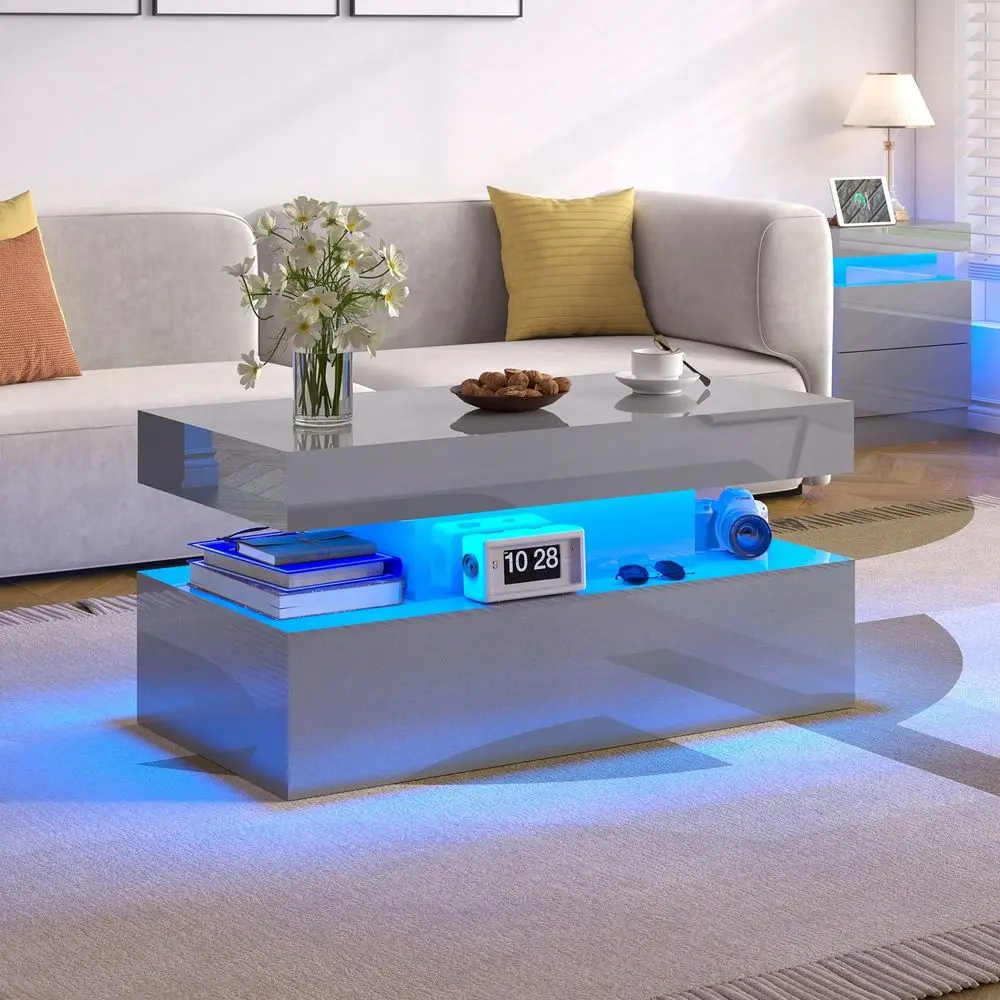 Room Coffee Table With LED Light, Modern High Gloss Center Table With Storage