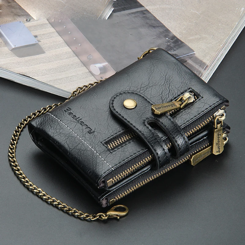 New Men Wallets PU Leather Short Card Holder Chain Luxury Brand Men's Purse High Quality Classic Retro Male Wallet