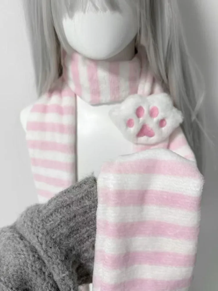 موضة مخطط الوردي لطيف وشاح جديد للنساء اليابانية الحلو القط باو مخطط التفاف وشاح امرأة دافئة الفاخرة Y2k اكسسوارات