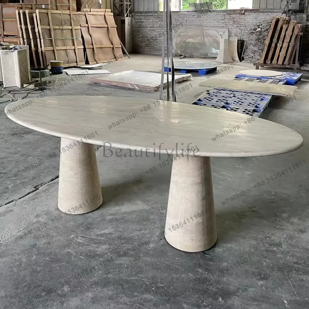 

Современный обеденный стол из бежевого травертина, каменная мебель, овальный стол с рифленой поверхностью из мрамора и травертина