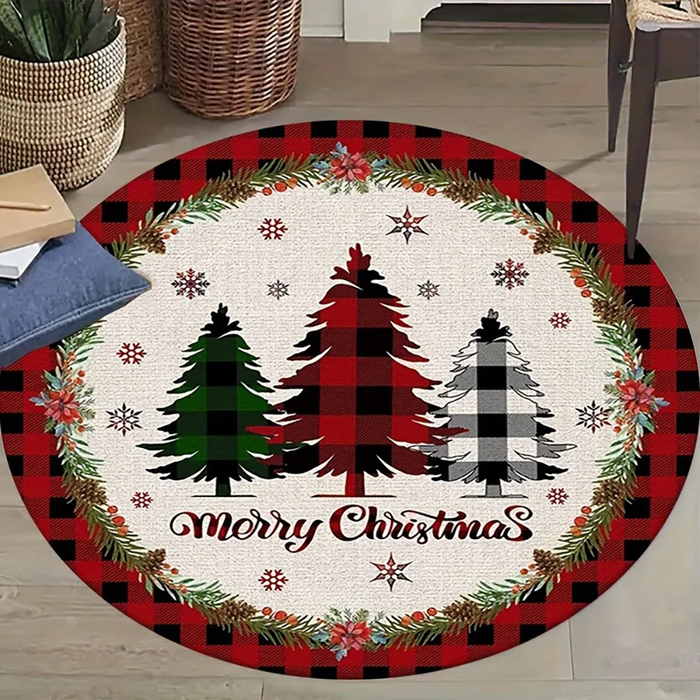 1pc 2D Flat Round Floor Mat, Merry Christmas Tree Printed Rug, Holiday Home Decor, Suitable for Entryway, Bedroom