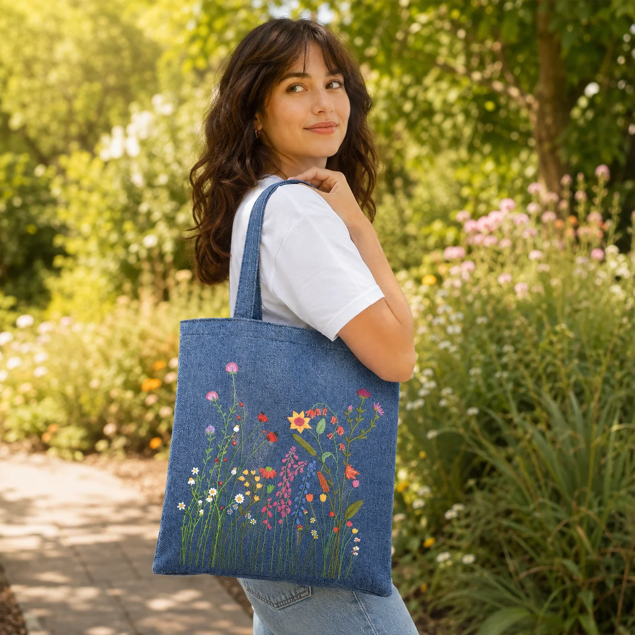 Wildflower Denim Tote Bag Colorful Meadow Floral Print Shoulder Bag Aesthetic Nature‑Lover Reusable Shopping Handbag