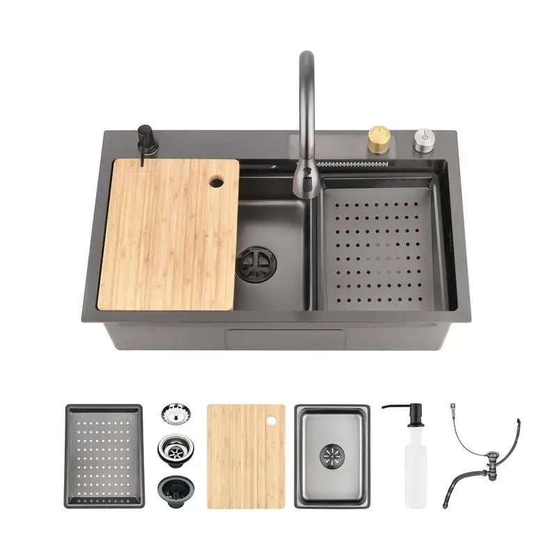 

Stainless Steel Kitchen Sink, Black Single Bowl Workstation with Rain Faucet & Cutting Board, 30x22 Inch SSBL12