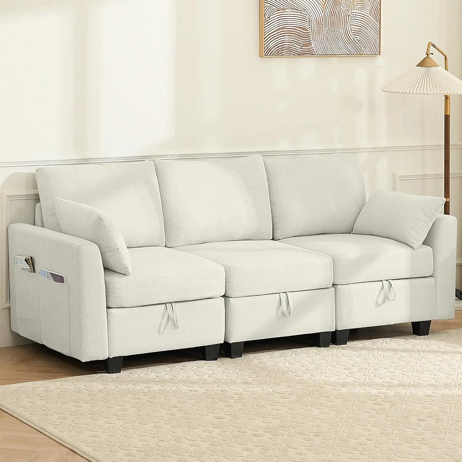 Convertible 3 Seats Sectional Sofa Couch, Linen Fabric Modular Sofa With Storage Space For Small Apartments, Living Room,
