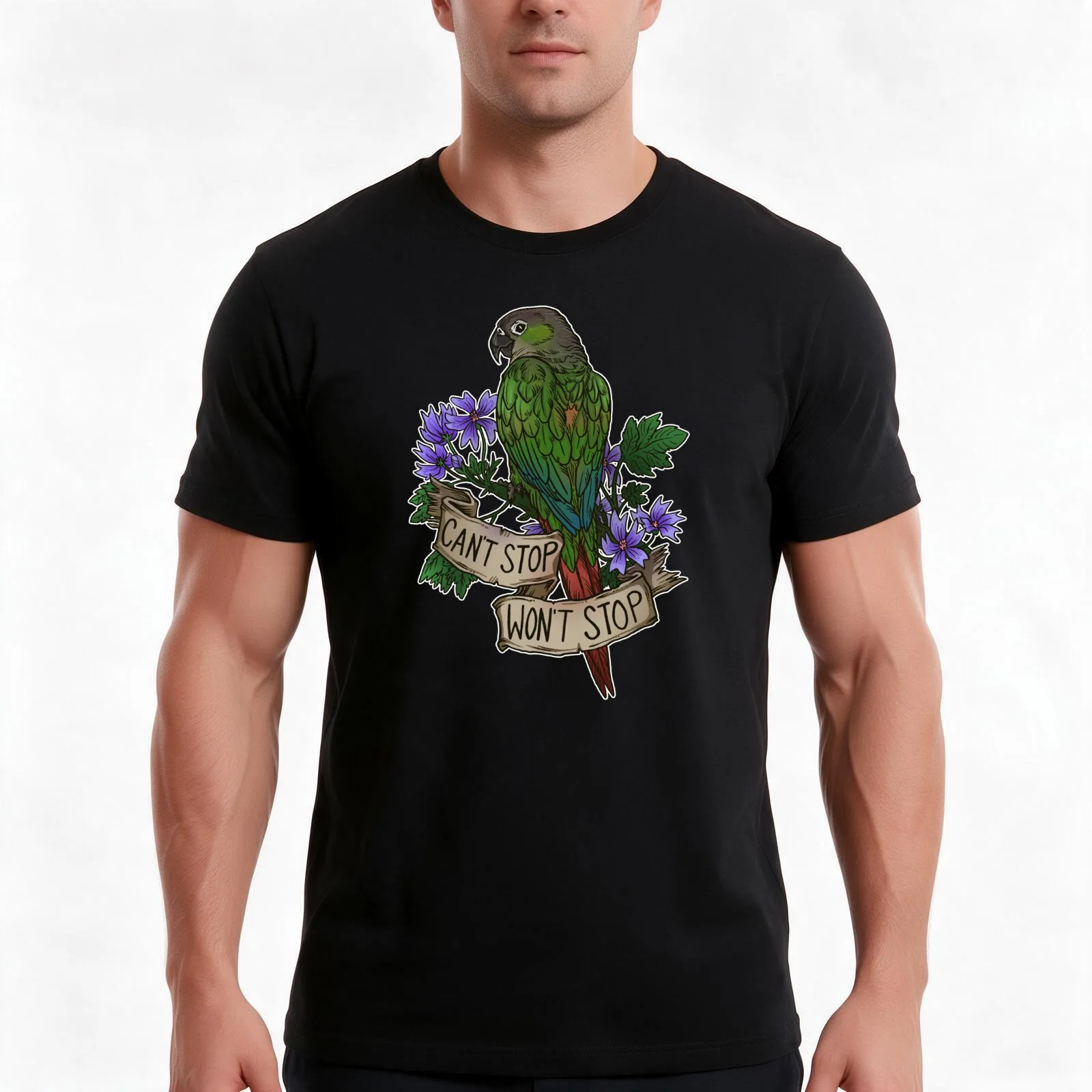 Can't Stop; Won't Stop (green-cheeked conure) T-Shirt, Summer Casual Cotton Tee, Oversized Streetwear Tops, Unisex Men Women