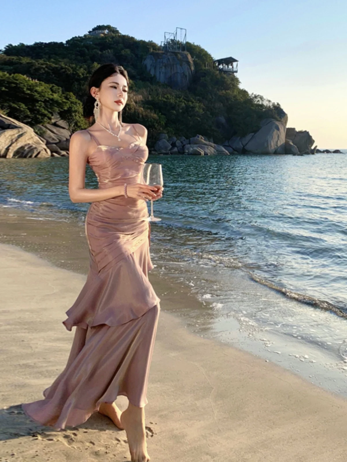 Ele Mermaid Sle Long Svel Dr مع يجمع الخصر و ter Ne من الساتان الناعم لحفل الكبار Dr Purple Summer