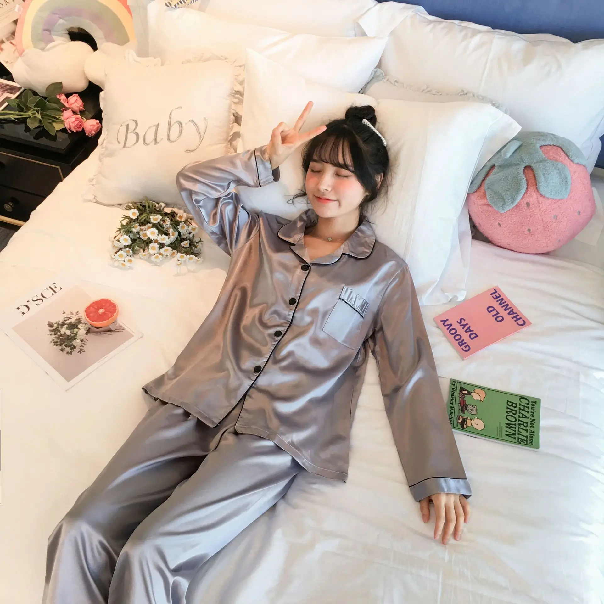 

Spring Autumn Female Sleepwear Thin Piece Set Lady Pajamas Silk Like Collar Solid Color Long Sleeve Homewear Women Casual Use