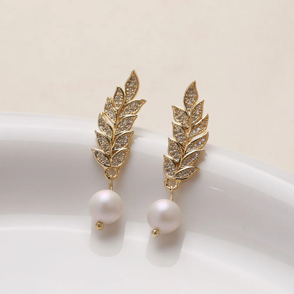 1Pair 14K Gold Plated Brass Leaf Earrings Inlaid Zirconia DIY Making Supplies Jewelry Material Accessories