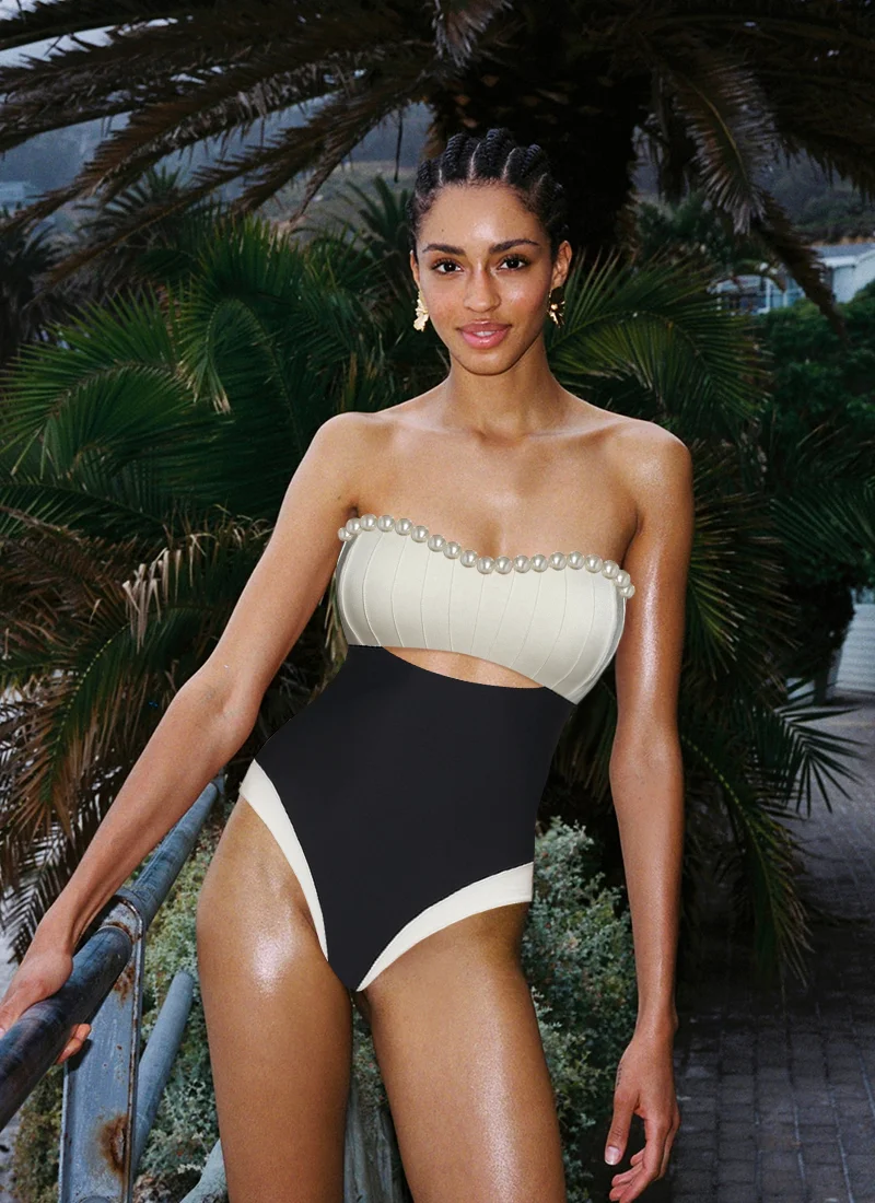 2024 traje de baño de una pieza con bloques de color y cuello de perlas, ropa de playa para mujer, venta al por mayor de liquidación de lino
