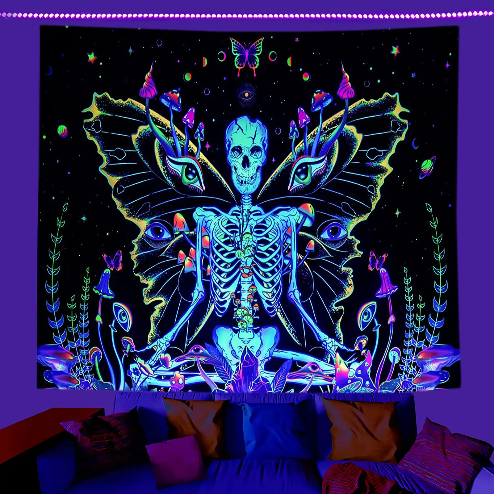 Black Light Butterfly Tapestry Glow in Dark UV Reactive Psychedelic Mushroom Fluorescent Tapestry Aesthetic Wall Hanging Decor