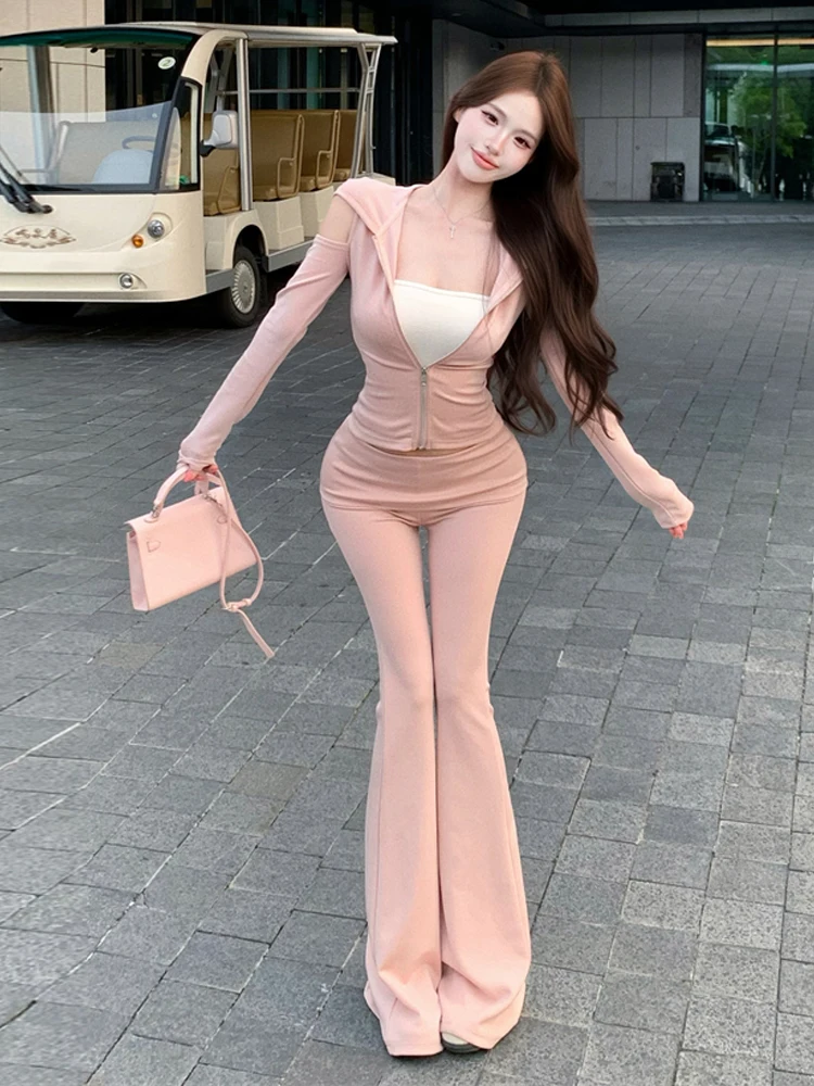 Sporty Casual Outfit Double Layer Anti-Slip Striped Inner Wear Bustier Hoodie Shoulder Bared Jacket Flared Pants Women Set