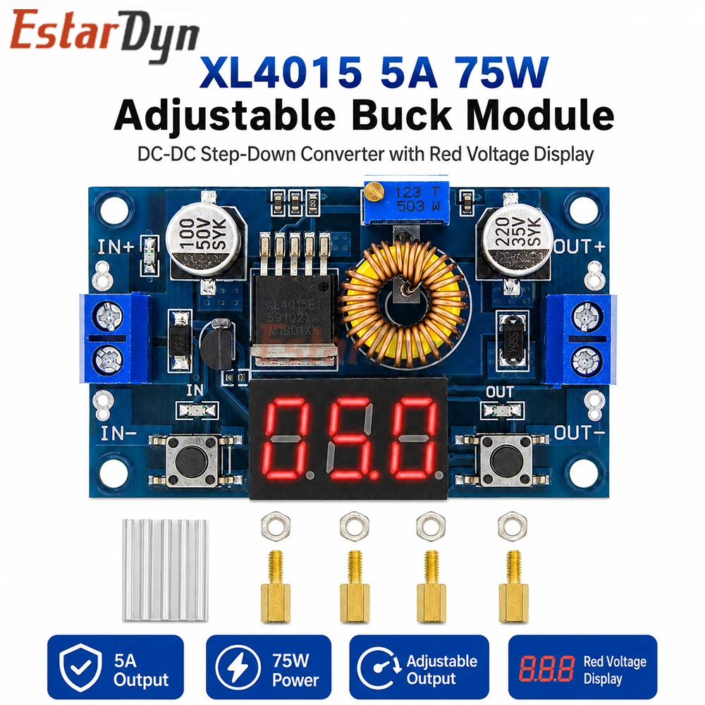 Estardyn XL4015 DC-DC 5A 75W Regulowany Konwerter Obniżający Napięcie (Buck) CC CV z Czerwonym Woltomierzem do…