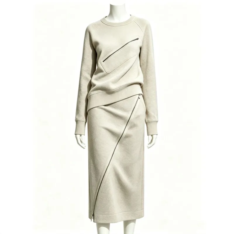 Women's  Hoodie Half Skirt Two-piece Set Suit New Fashion Diagonal Zipper Round Neck Commuting Women Suit Spring Autumn Outfit