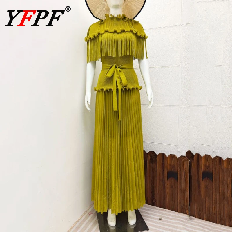 

YFPF Tassel Design Miyake Плиссированный женский комплект из двух предметов Элегантные топы со сборкой на талии на шнуровке + длинная юбка со складками Модные однотонные комплекты