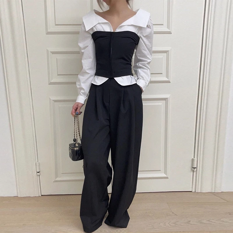 Retro ลายยาว Sve irt + Layered Wrap Top + Draped West กางเกง Tee ชิ้นชุด Chic ฤดูใบไม้ร่วง Faion ผู้หญิงชุด