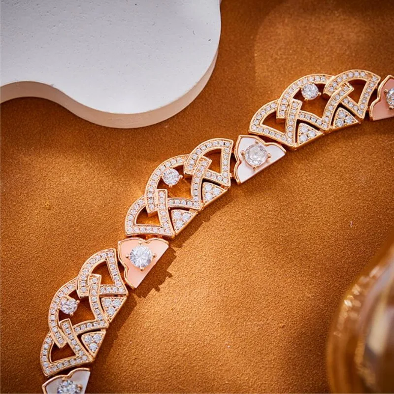 Designer Collection Style Women Lady Dinner Party Jewelry Sets Settings Cubic Zircon Pink Fan-Shaped Pendant Necklace Earrings