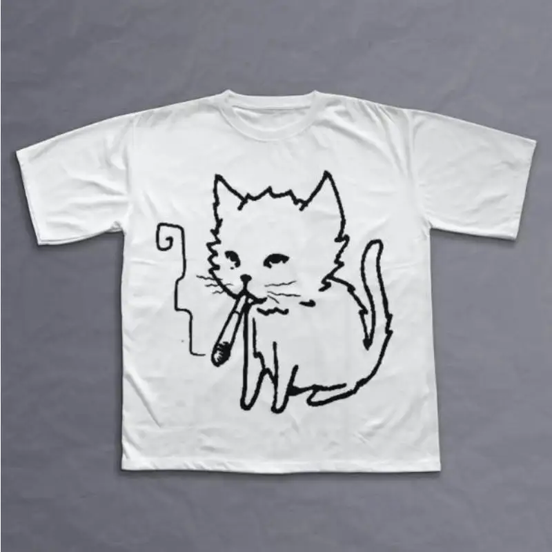 

Funny Cat Graphic T-Shirt Men Women Cool Cartoon Kitten Print Loose Casual Top Streetwear
