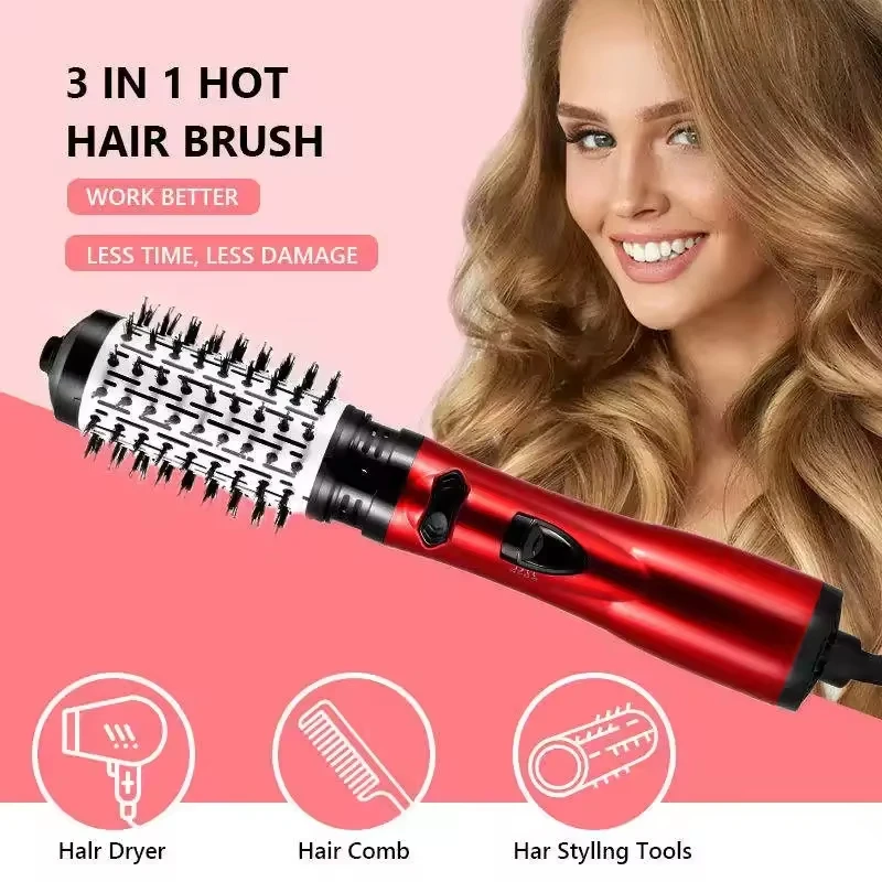 Rotating Hair Dryer Brush Electric Blow Drier Comb Hot Air Straightener Curler Iron One Step 2 Gears Blower Replaceable 2 Heads