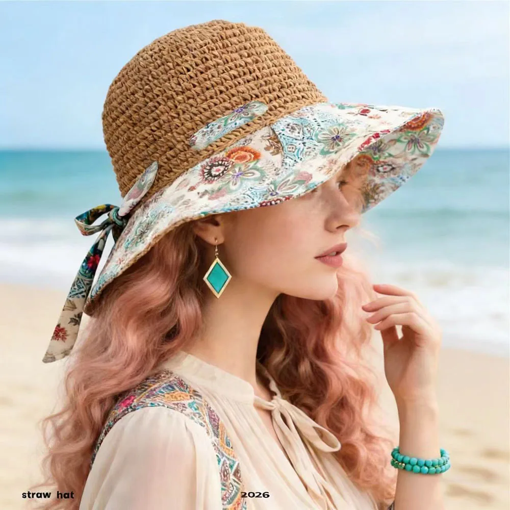 

New Summer Hat for Women Lace Ribbon Bow Brimmed Sunshade Bucket Hat Lady Folding Sun Hat Beach Holiday Sunscreen Travel Cap