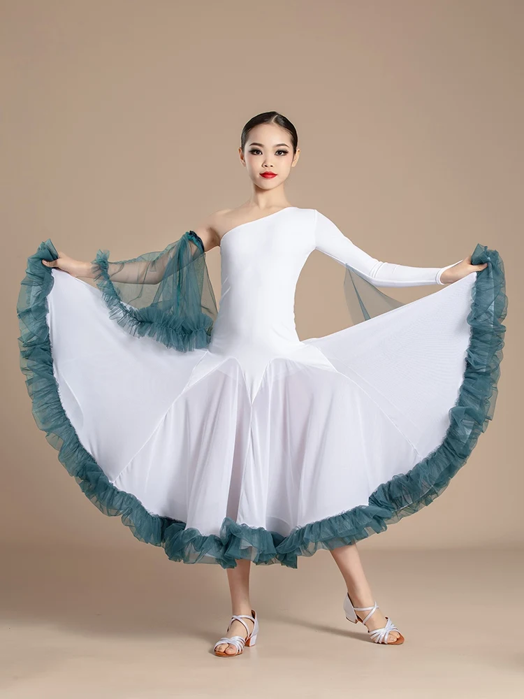 2024 Girls One-Sleeve Ballroom Dance Dresses Standard Dancing Performance Costume Children Waltz Tango Dance Dress VDB7979