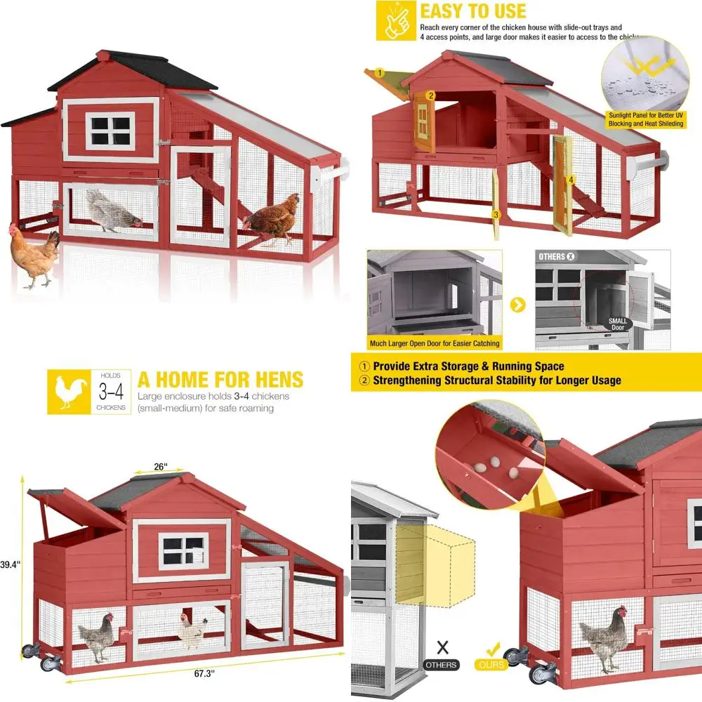 

Mobile Red Wooden Aivituvin Chicken Coop with Wheels, Outdoor Poultry Cage and Waterproof Roof