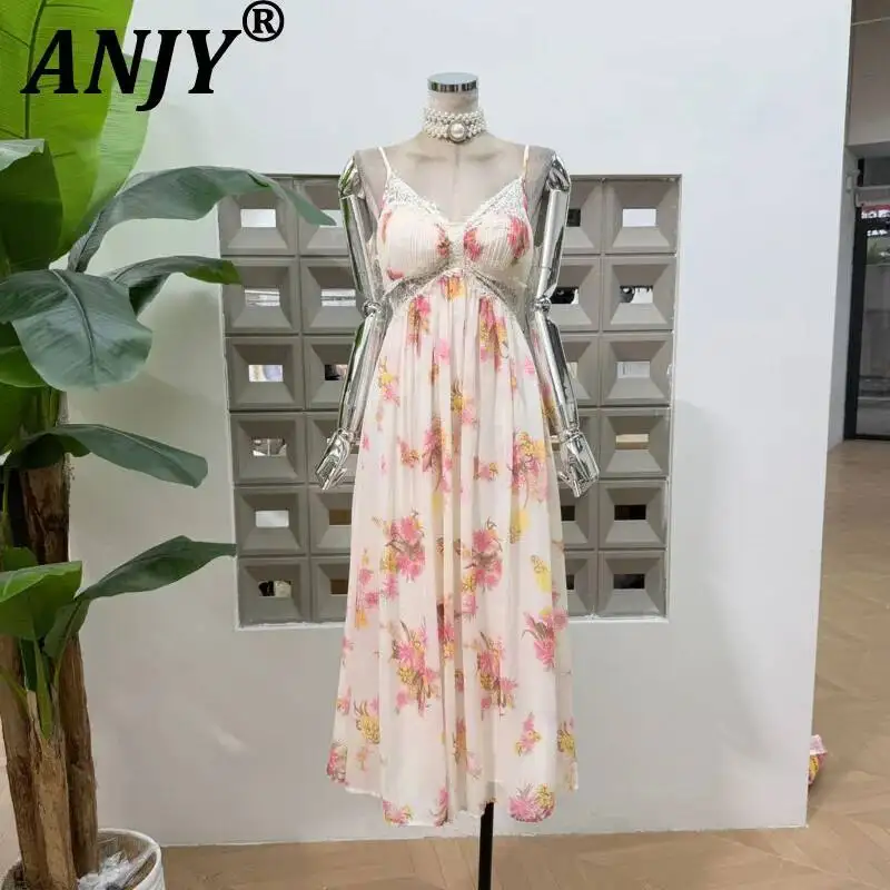 

ANJY Summer New Women Trendy Niche Vacation Style Sexy Stylish Slim Fit Printed Lace Patchwork Lace-Up Design Strap Dress A23555