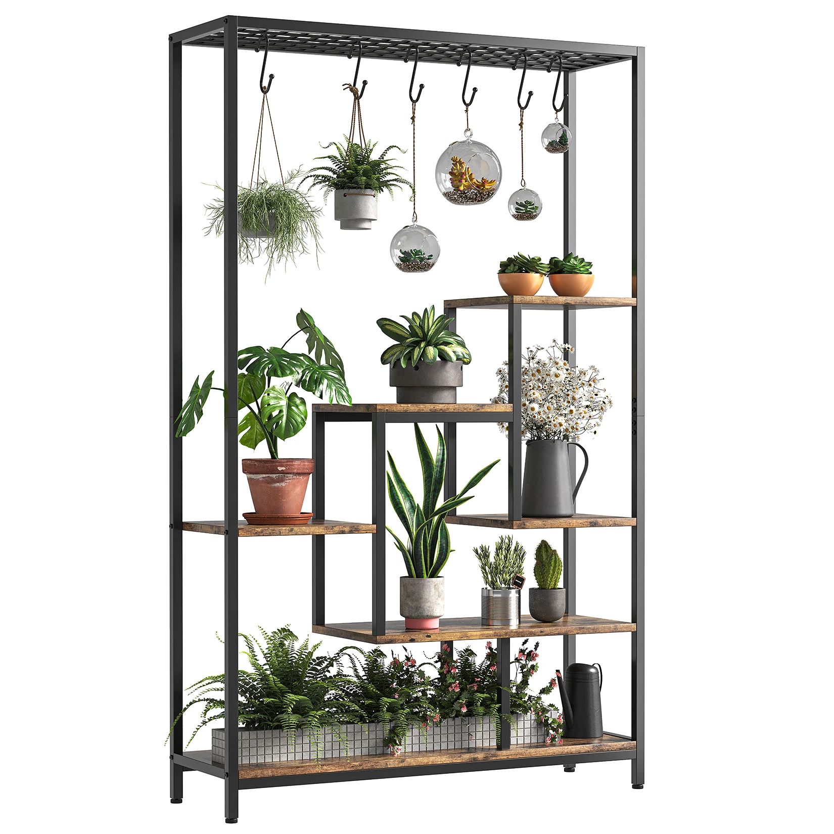 

5 Tier Tall Indoor Plant Stand Large Metal Plant Shelf Rack with 6 Hanging Hooks Iron and Wood Flower Stands for Living Room