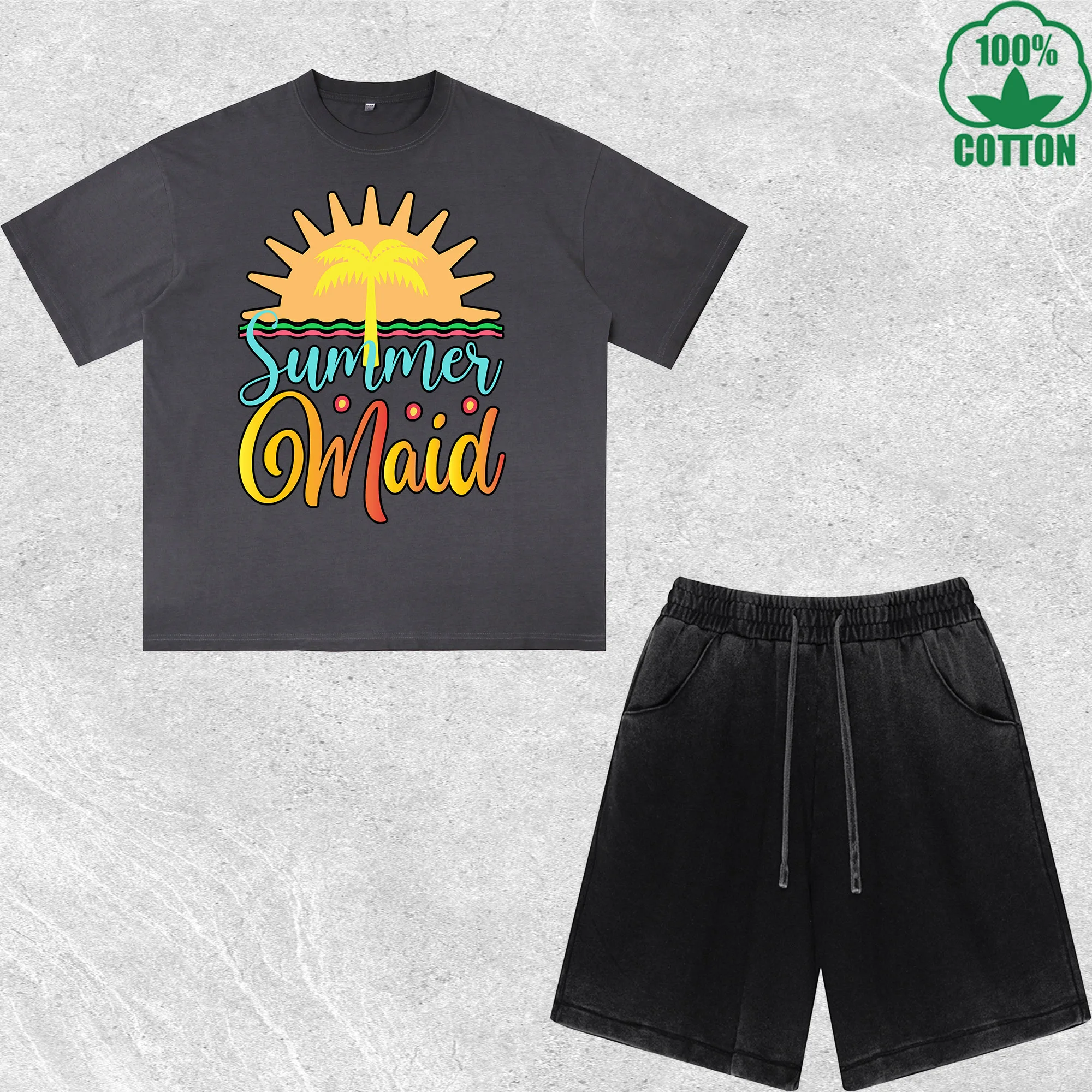 

Summer Sublimatio Printed Dirty Wash T-Shirt Shorts Set Multicolor Combo Loose Trendy Fashionable 100%Cotton