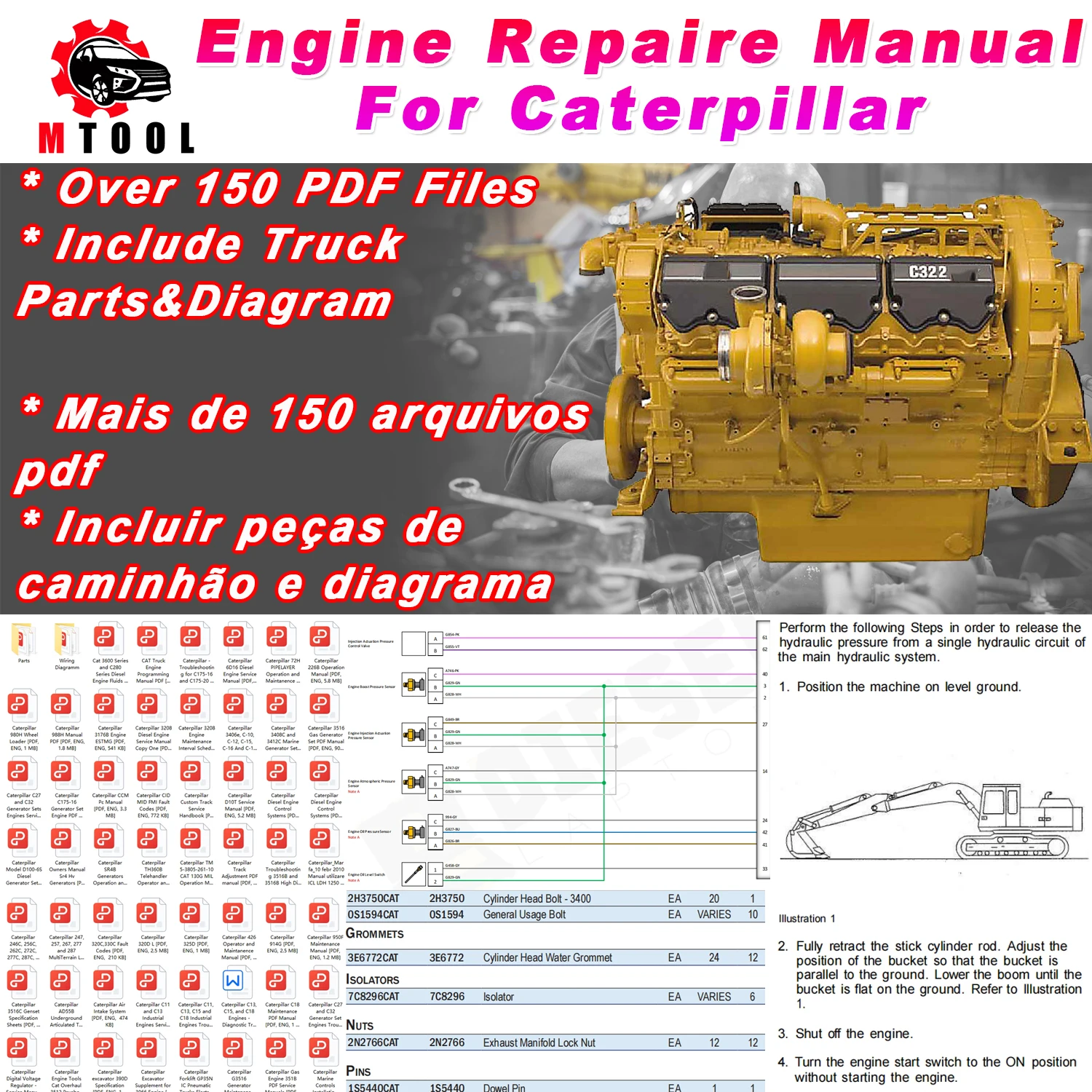 Engine Repaire Manual Over 150 PDF File For Caterpillar Engine Parts & Diagrams for Gas Diesel Engine Excavator Truck For Newbie