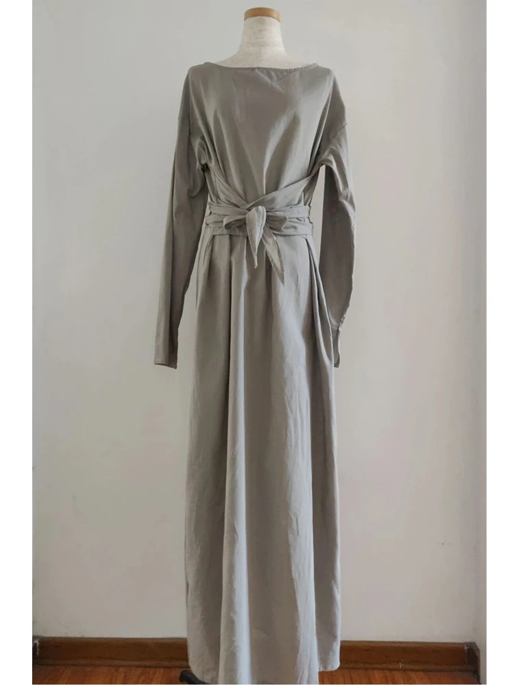 NHKDSASA Women Solid Night Dress Cotton Linen Loose Kimono Long Sleeve Maxi Dress With Belt Long Casual Dress For Lady Home Wear