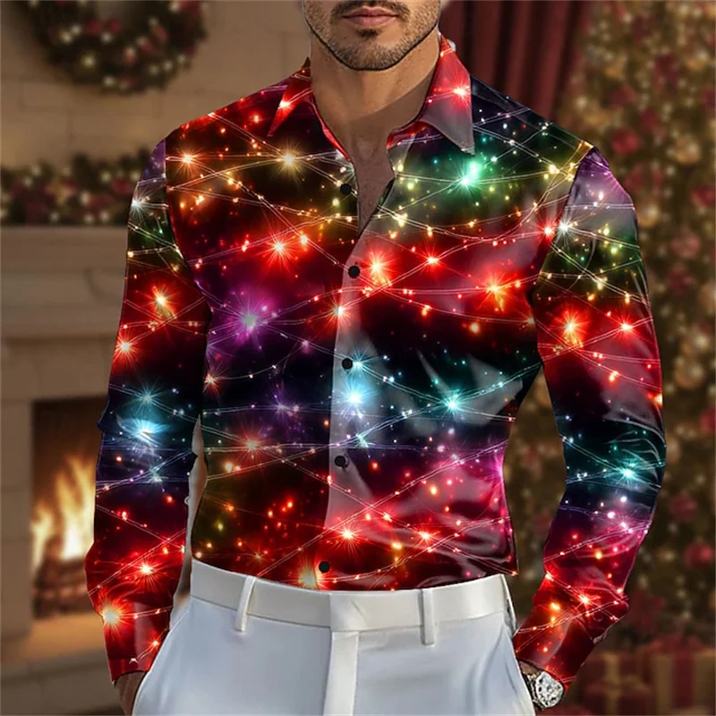

Christmas Men's Christmas Light Shirt Long Sleeve Fashion Casual Outdoor Party Festival Spring and Autumn Lapel Shirt Red