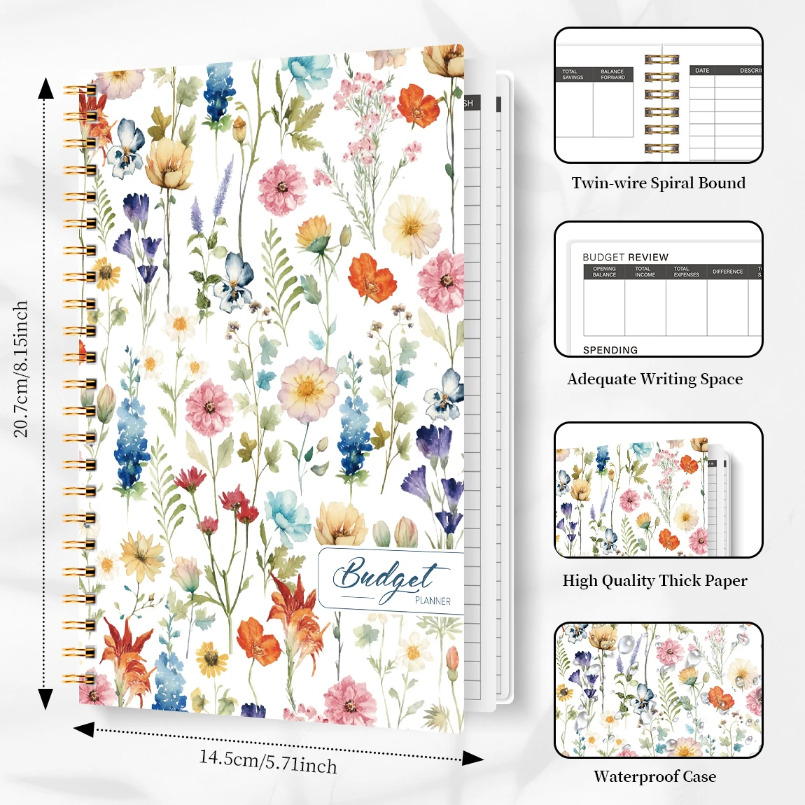 Carnet de budget floral A5, journal à spirale pour la gestion des revenus et des dépenses, suivi du budget mensuel, planificateur financier portable