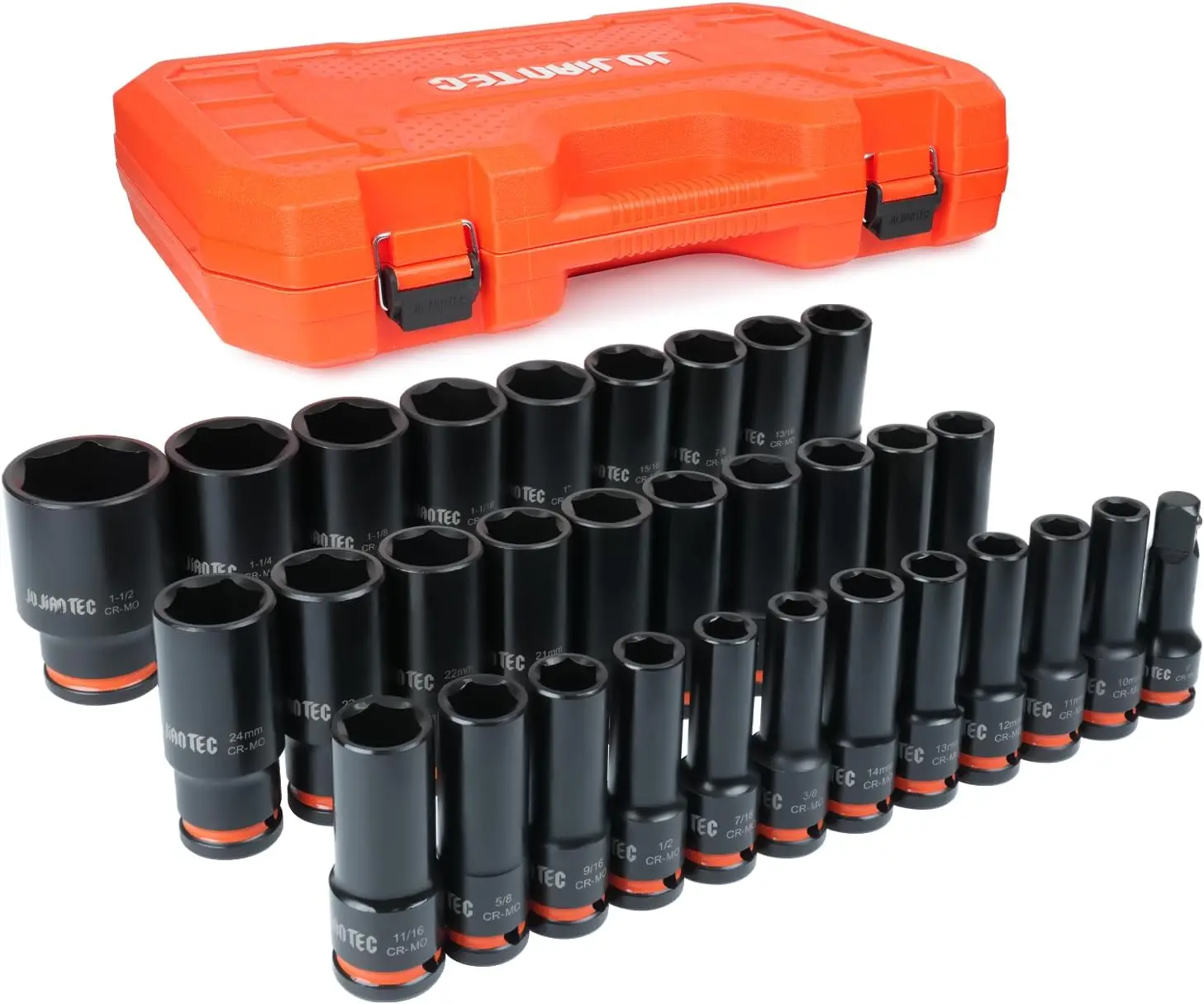 

31-Piece 1/2' Drive Deep Impact Socket Set, SAE & Metric, 6-Point Cr-Mo Steel, with 3' Extension, Storage Case