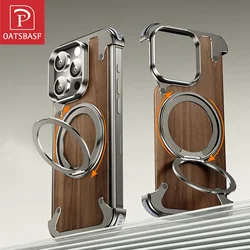 Oatsbasf Magsafe Magnetic Phone Case for iPhone 14 15 16 Pro/ Max Walnut Wood Phone Cover w/ 360° Rotating Ring Stand Bumper