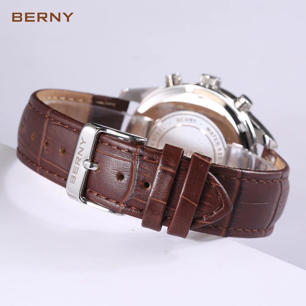 BERNY Men Quartz Sports Wristwatch BERNY VD55 Date Leather Strap Chronograph Men Watch Top Brand Luxury Luminous Watch for Men