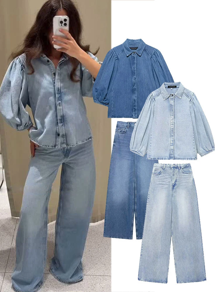 HH Sommer Damenmode Street Jeans 2-teiliges Set aus Retro-Puffärmelknöpfen und Freizeithemd mit hoher Taille und Reißverschlusshose Y2K