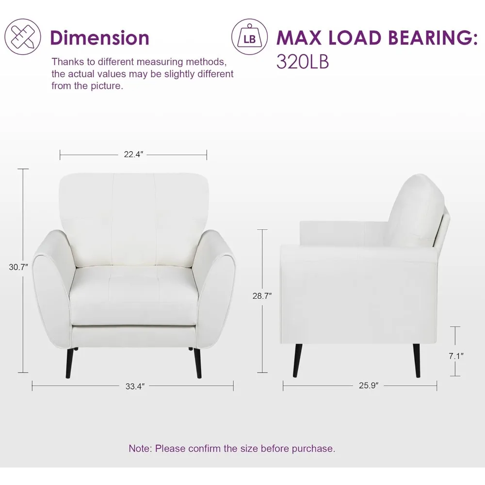 Accent Chairs Set of 2, Comfy Modern Living Room Chair White Faux Leather Reading Accent Chairs Tufted Mid Century Arm Chair