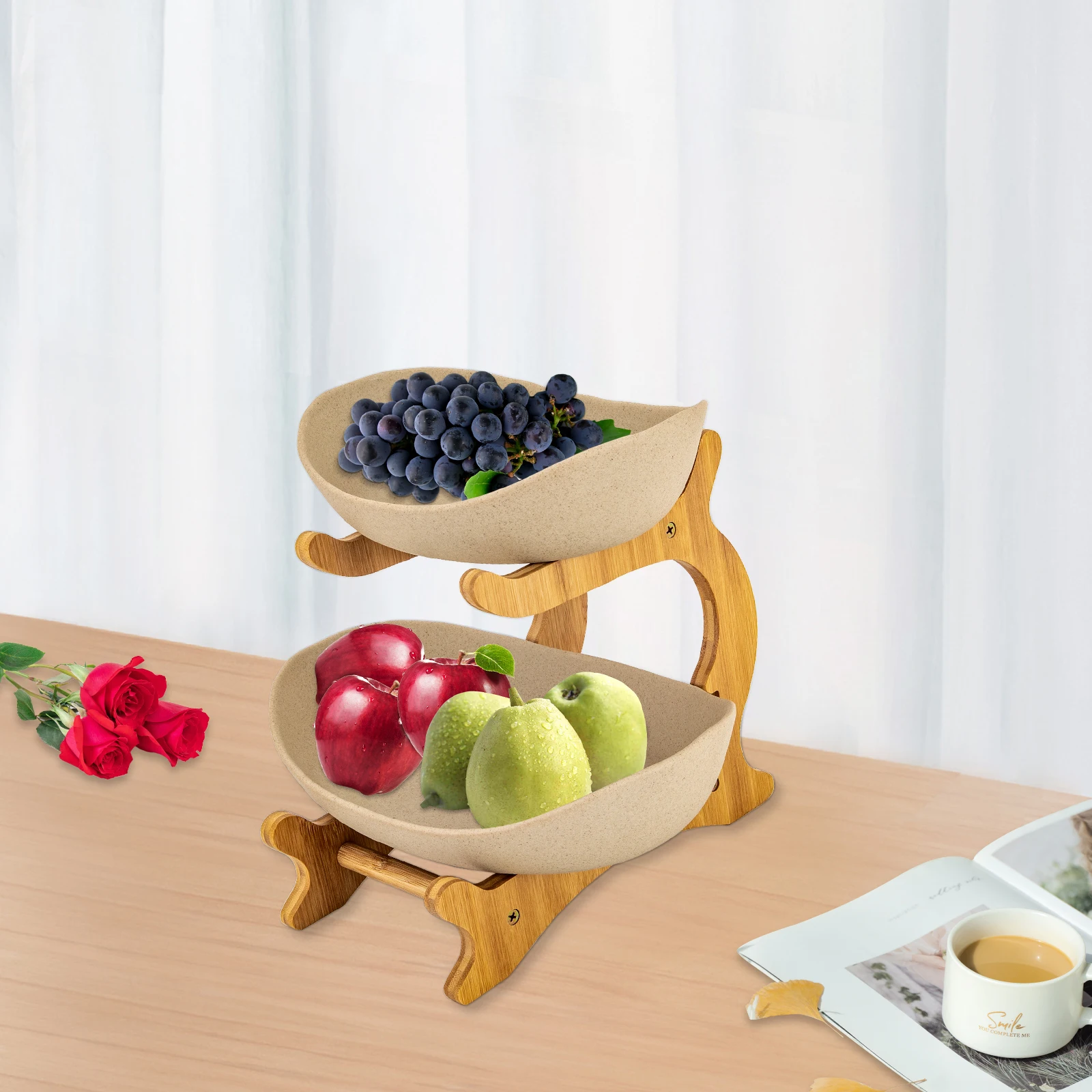 2 Tier Fruit Bowl Stand, Bamboo Fruit Basket Stand Pottery Fruit Serving Tray, Snacks Bread Display Rack for Kitchen Counter Dining Table