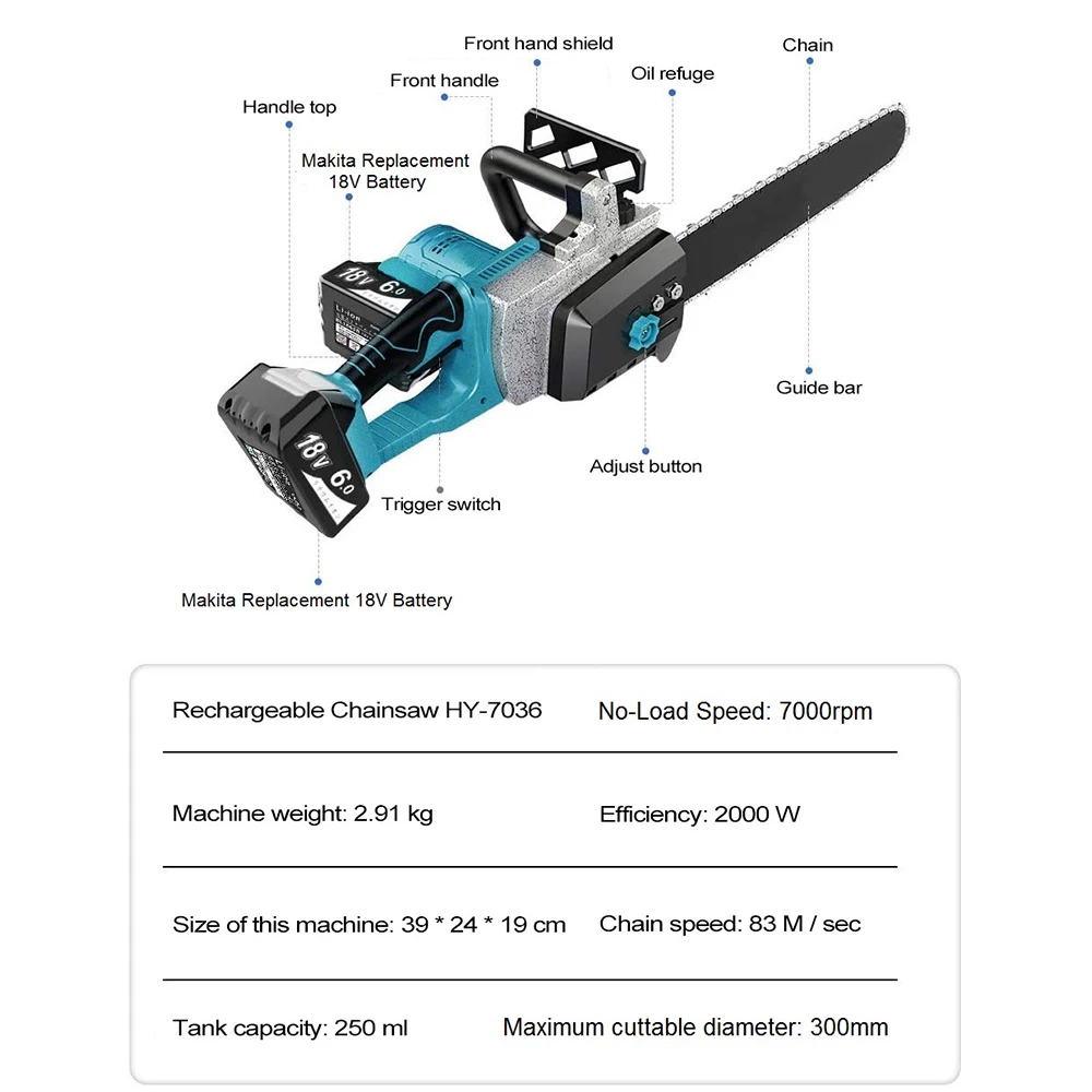 Abeden HY7038/7036 2200W Electric Chainsaw Wood Cutters Bracket Brushless Motor for Makita 18V Lithium ion Saw Power Tools