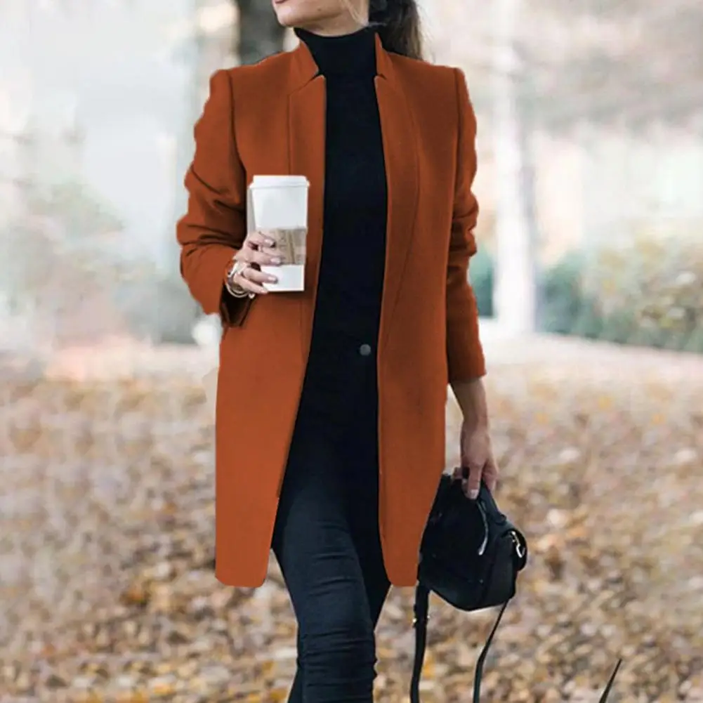 Slim Fit Woolen Coat Elegant Woolen Coat for Women Stylish Stand Collar Overcoat with Slim Fit Long Sleeves for Fall Spring