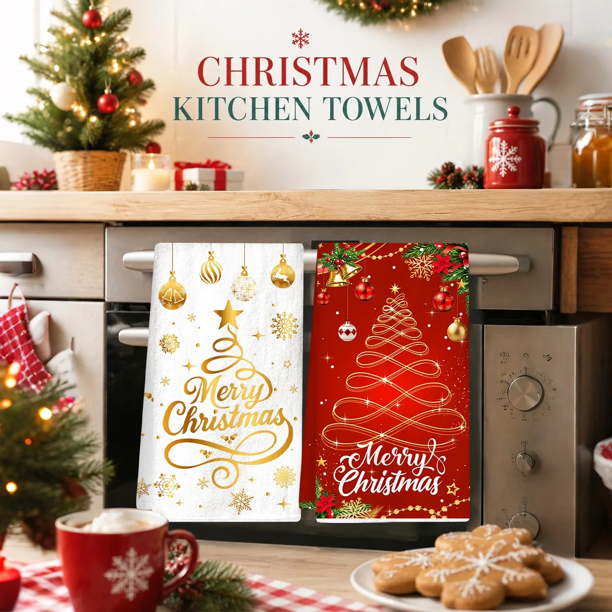 2pcs Merry Christmas Hand Towels Retro Xmas Tree Absorbent Kitchen Towels Navidad Christmas Decorations for Home 2026