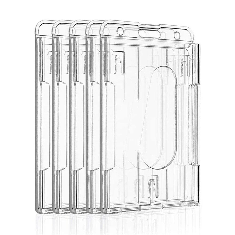 Transparent Work Card Holder with Finger Press Push Slot Hard Plastic ID Card Protector Cover Case Badge Office School Supplies