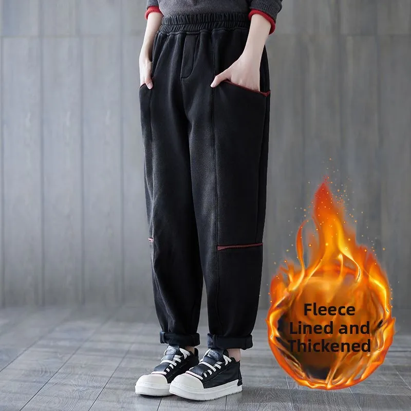 

Women's Winter Thiened Fce Lined Denim Harem Pants Loose Fit Casual Ankle Length Tapered Jeans High Waist Straight Leg
