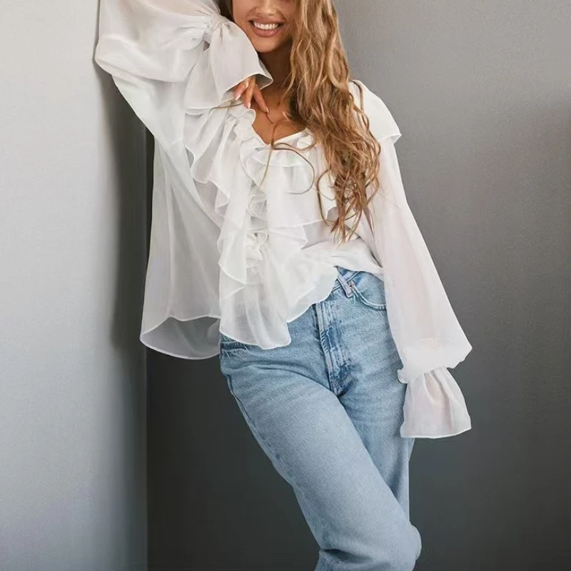 2025 Spring Autumn New Ruffle Loose V-neck Hooded Chiffon Sweater White