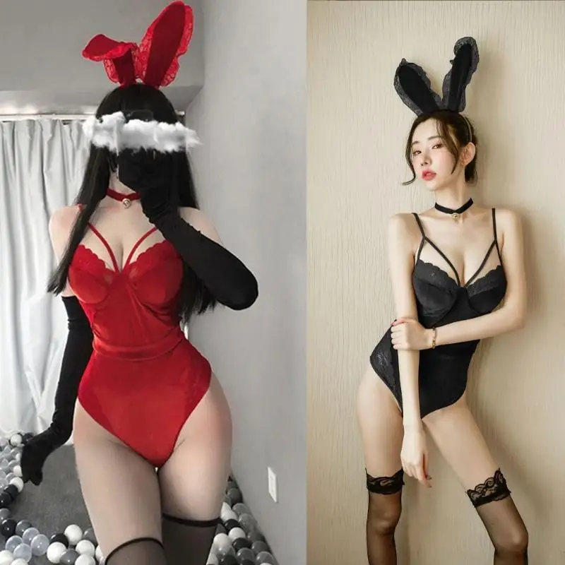 

Women Erotic Bunny Girl Lingerie Rabbit Ears Hair Hoop Backless for Cross Bandage Lace Splicing Bodysuit Cosplay Uniform