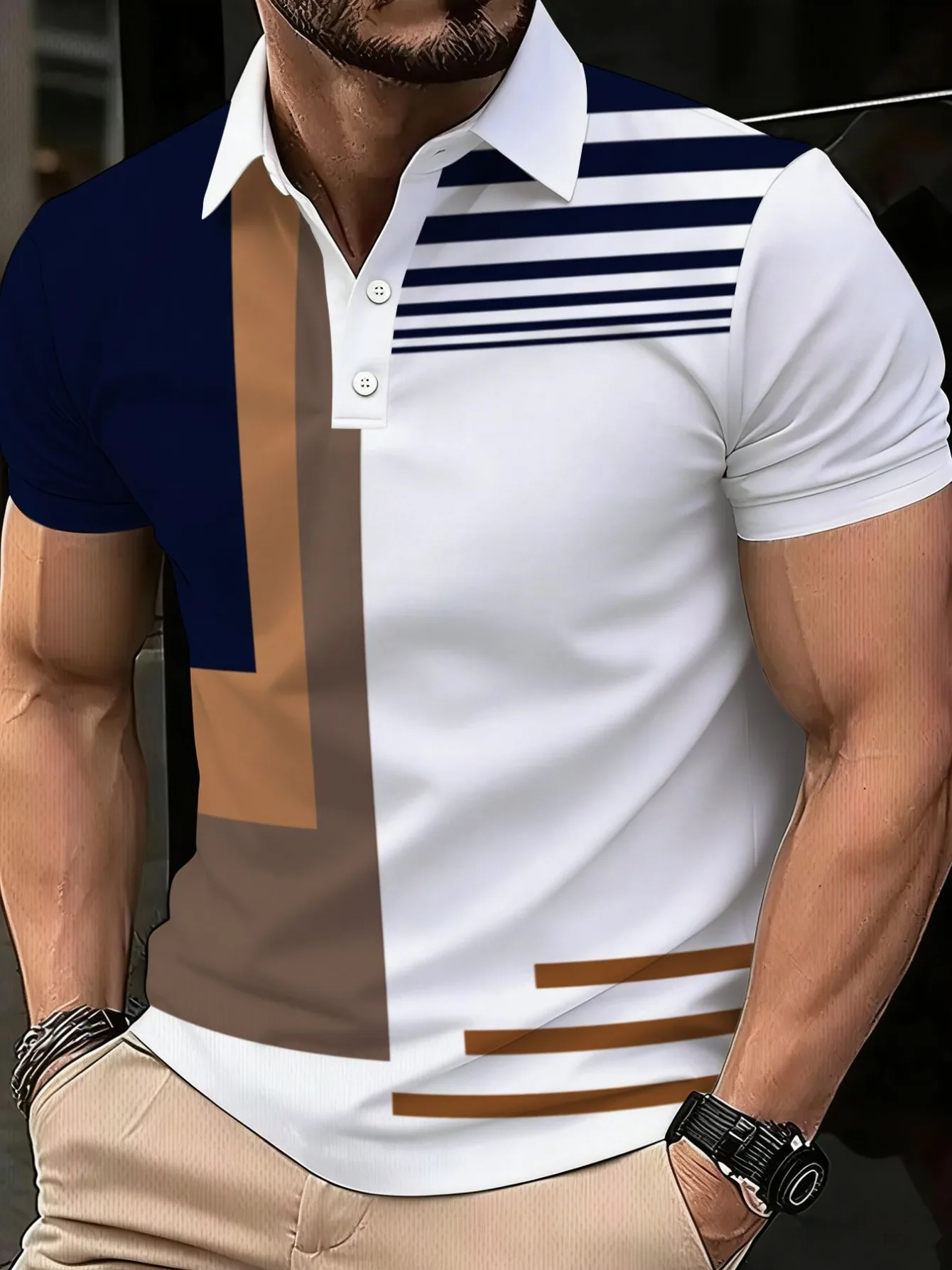 2026 Summer New Style Men's Short-Sleeved Polo Shirt with 3D Stripes Pattern Print for Street Casual Fashion Breathable