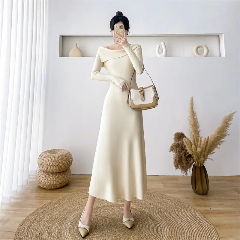 Maternity One-line Collar Fall and Winter Knitted Dress Mid-length Bottoming Dress Sweater Inside A-line Skirt Women Dress